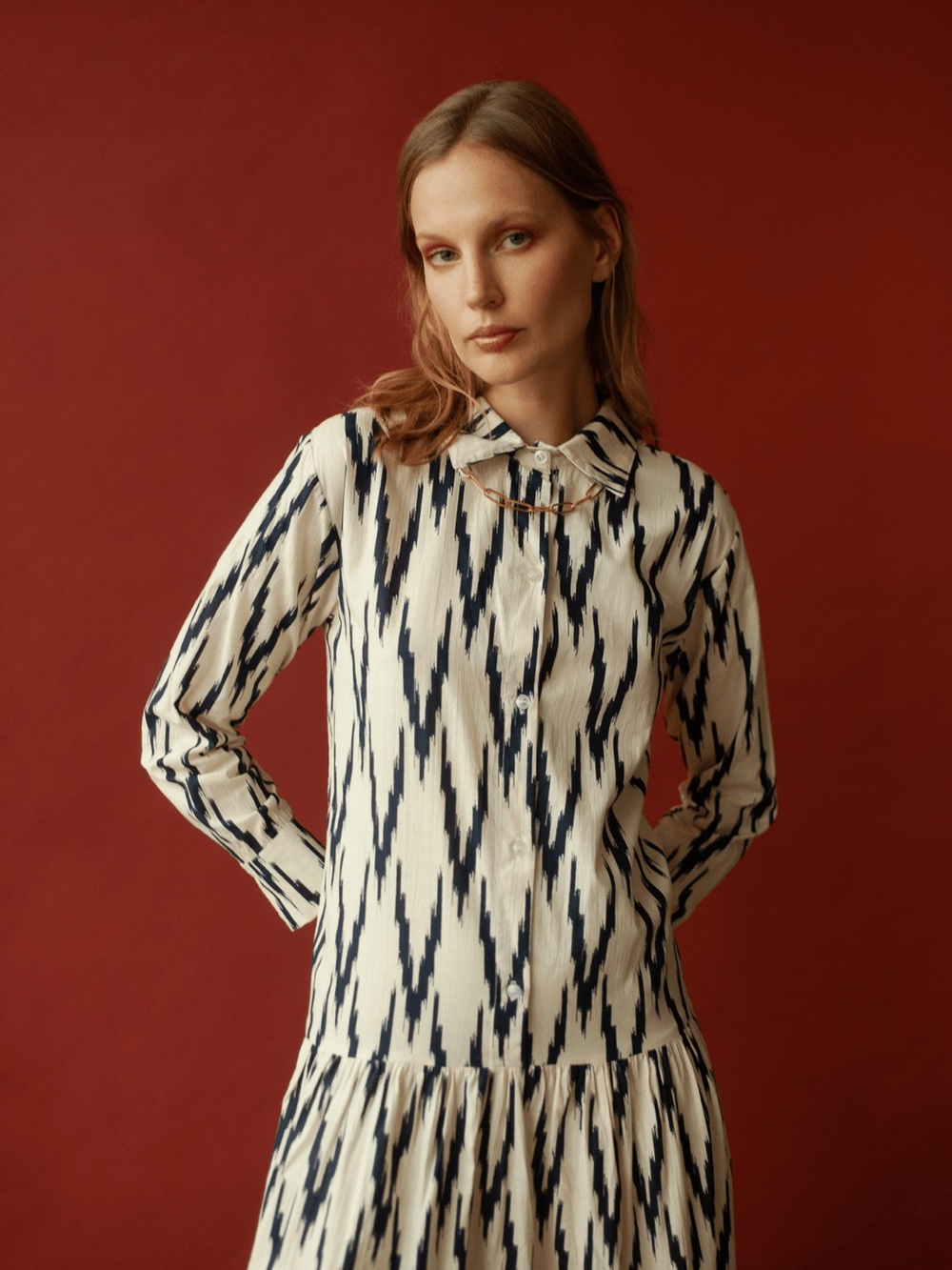 GUADALUPE Meredith Ikat Shirt-Collar Tiered Maxi Dress in Blue Ikat - Picture 2 of 9
